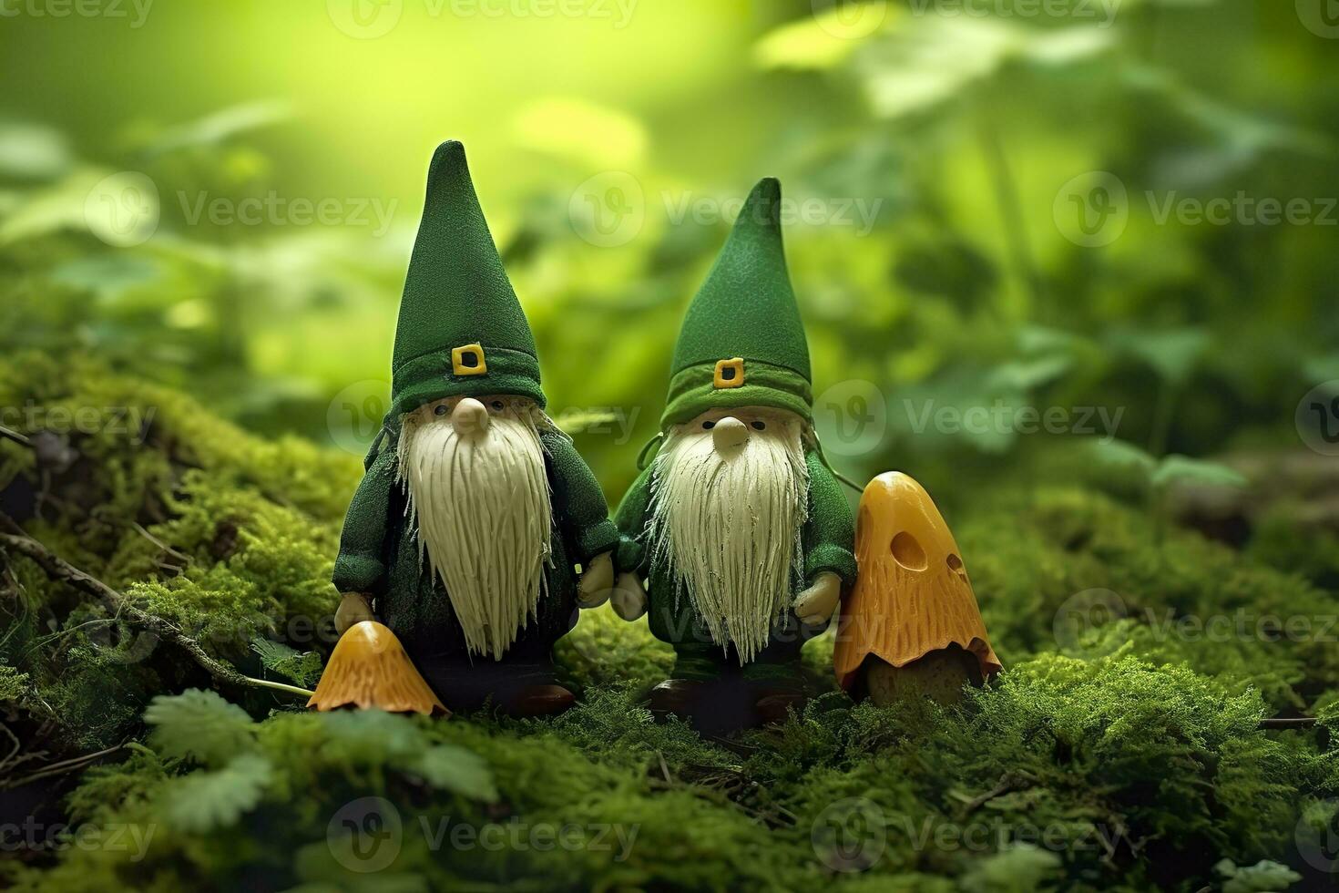 AI generated Toy Irish gnomes in a mystery forest, abstract green natural background. Generative AI photo