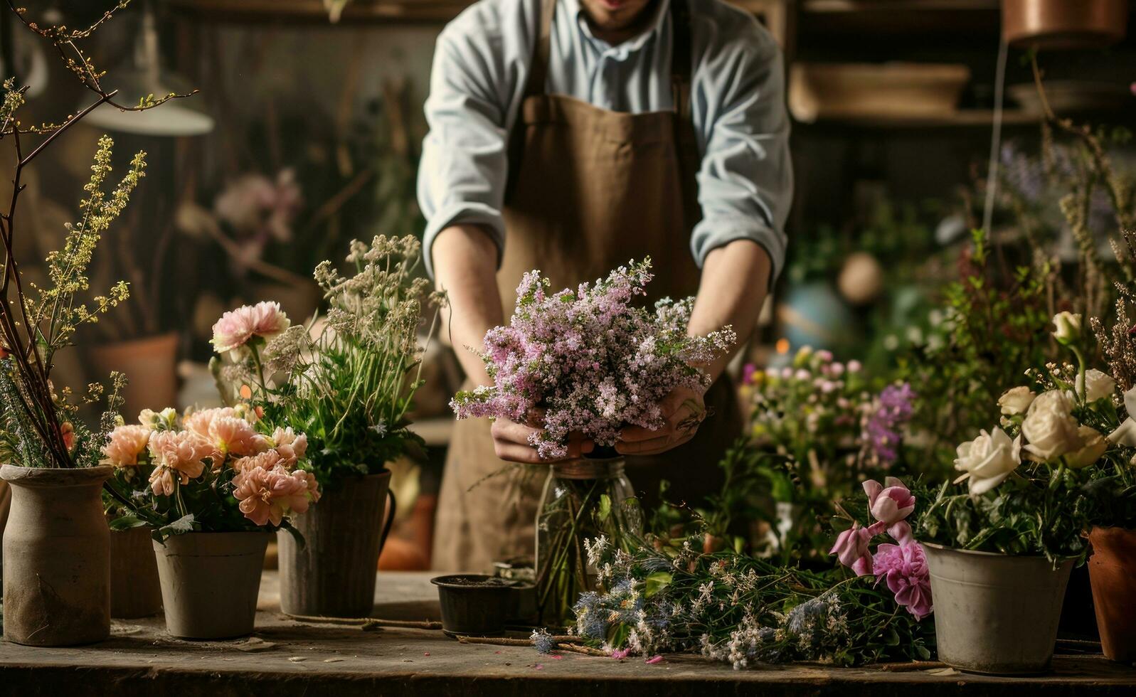 AI generated a man in an apron arranging flowers in containers photo