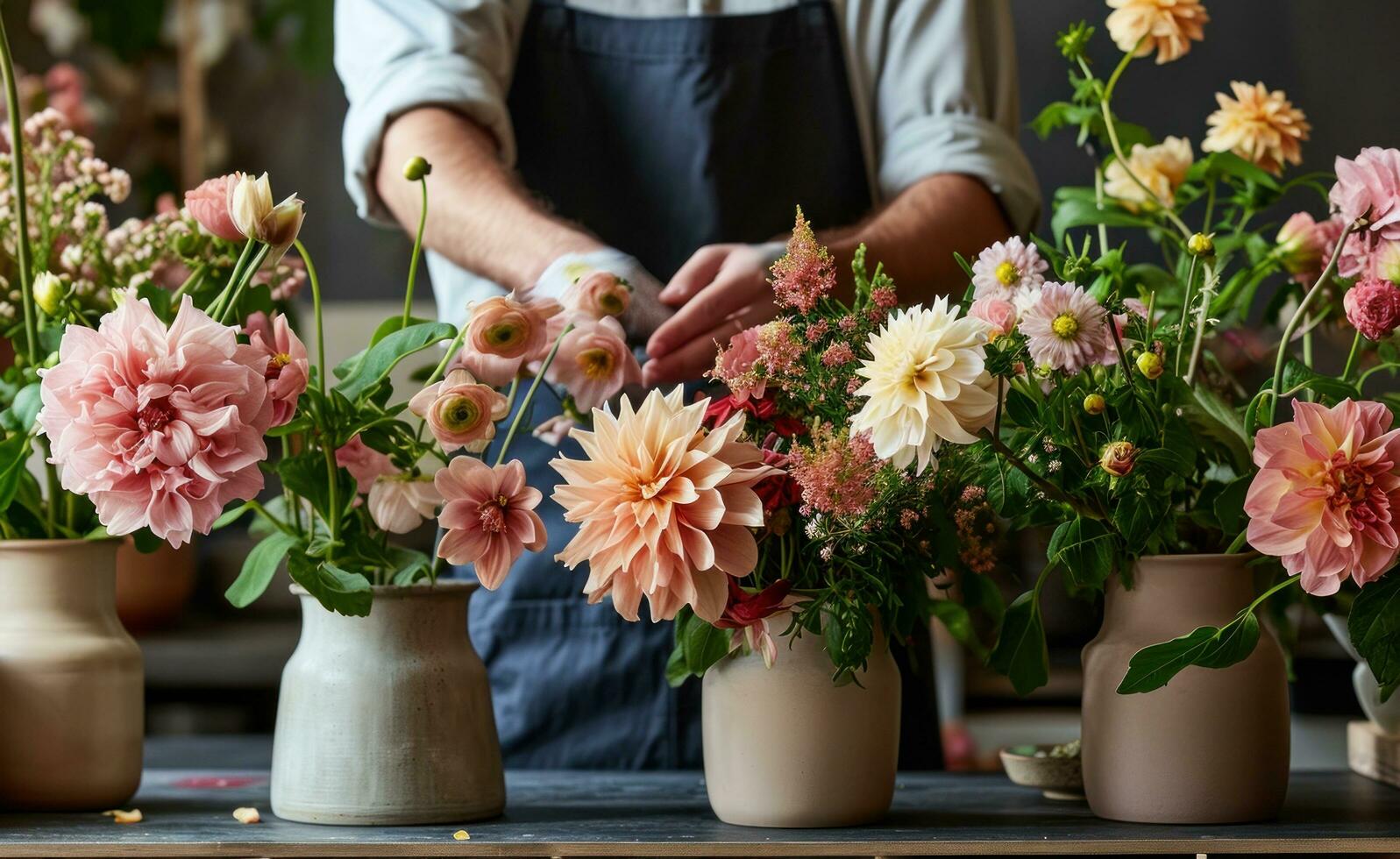 AI generated a man in an apron arranging flowers in containers photo