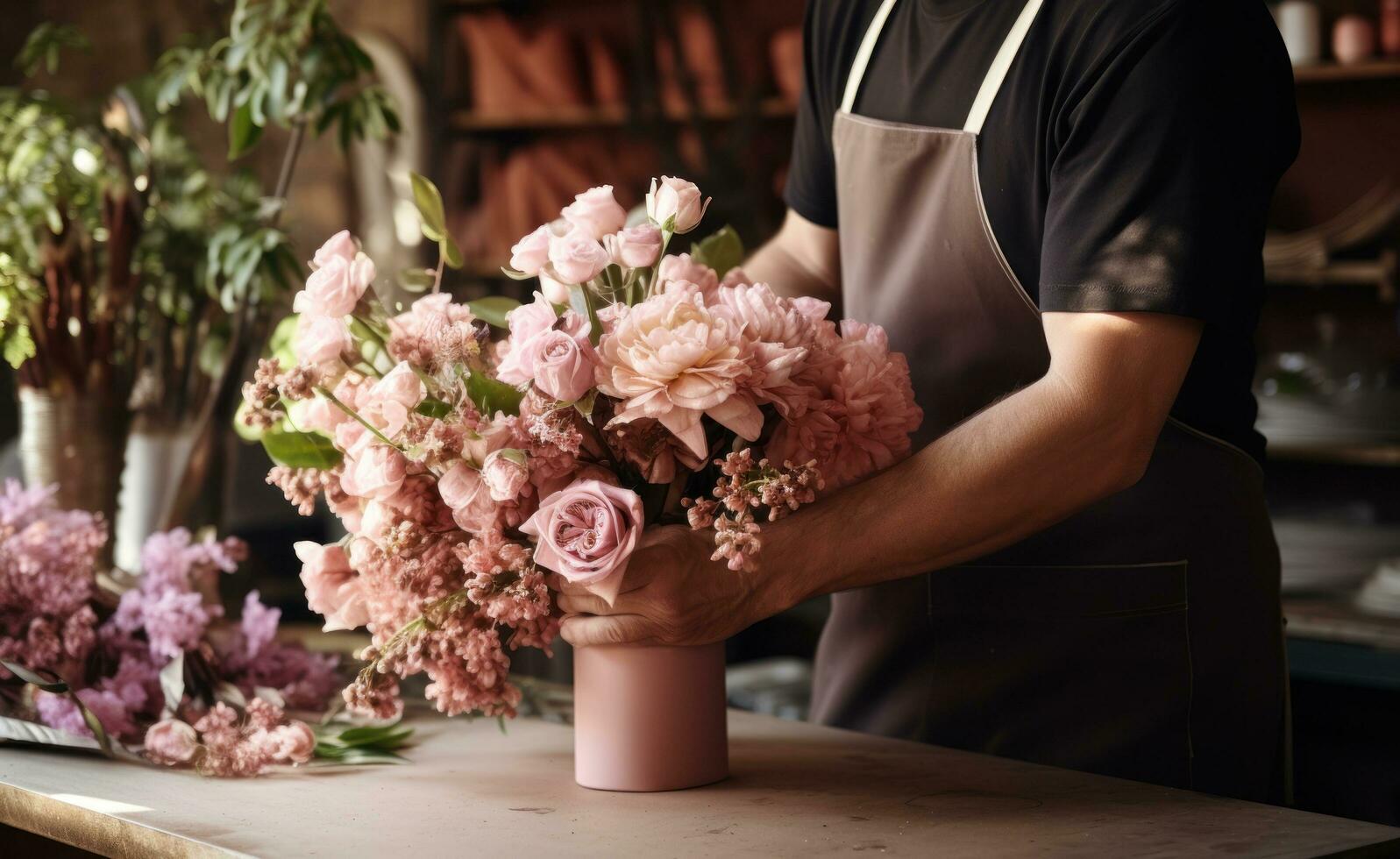 AI generated a man in an apron arranging flowers in containers photo