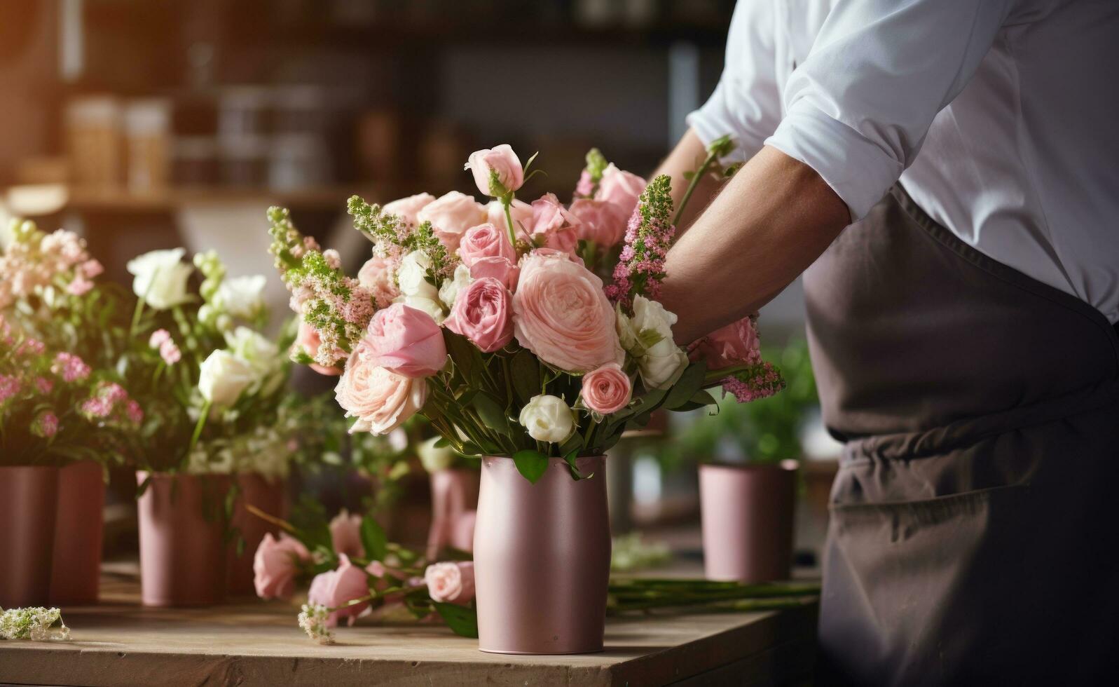 AI generated a man in an apron arranging flowers in containers photo