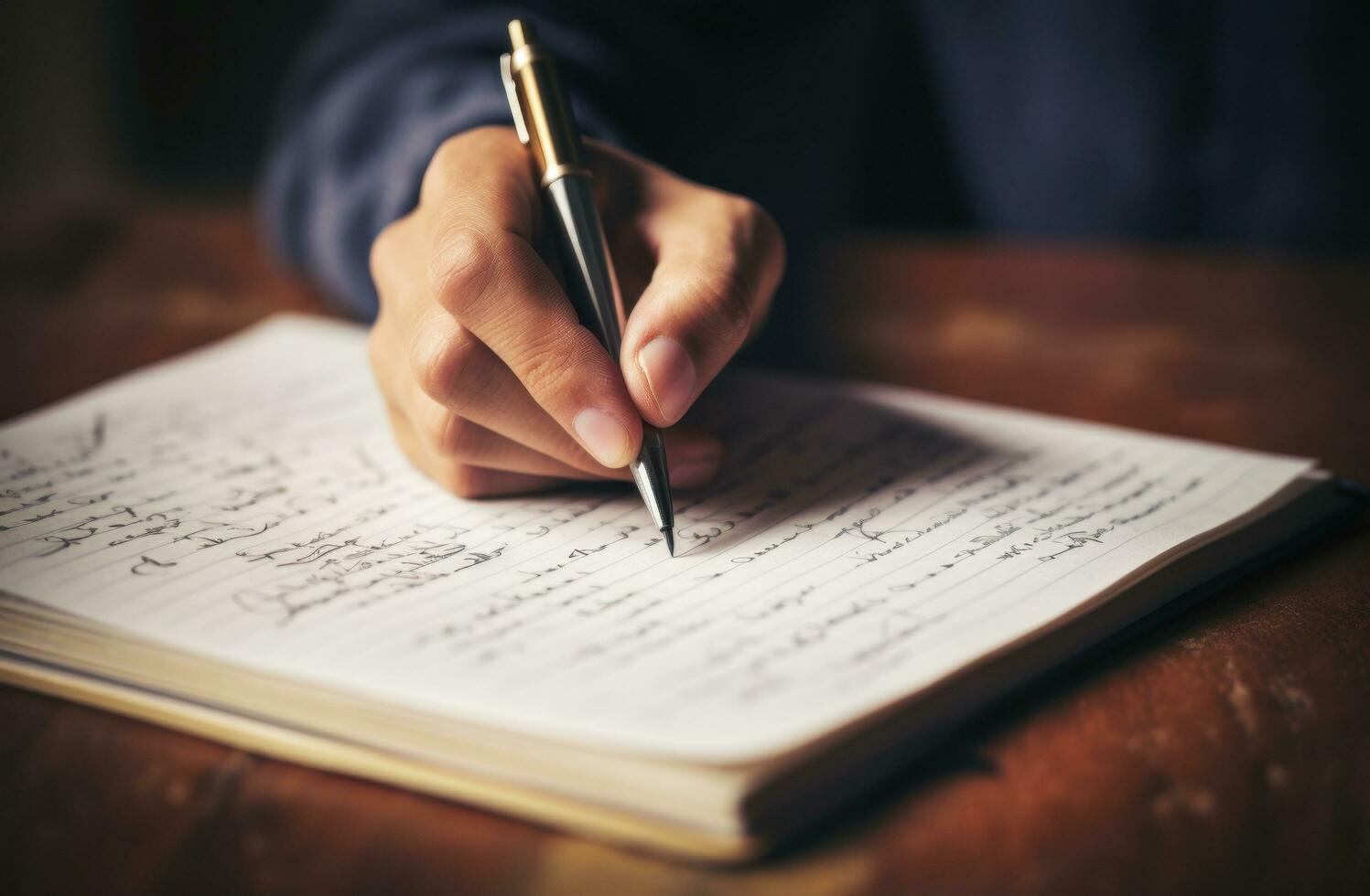AI generated a younger picture of an adult handwriting on notebook in front of a pen photo