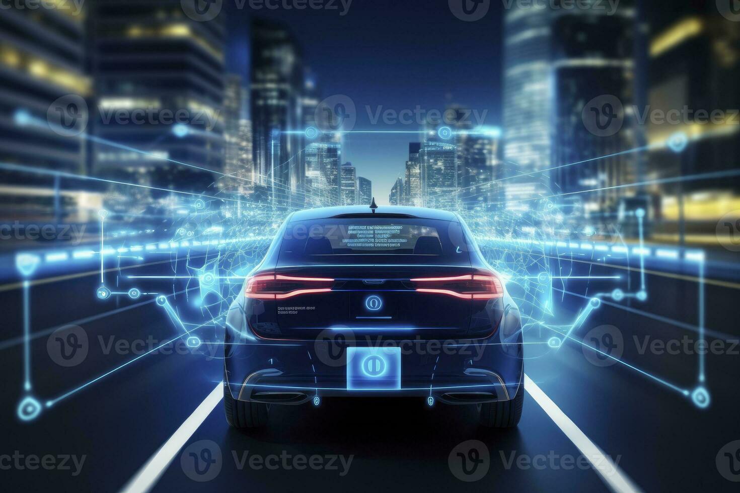 AI generated Modern smart car technology intelligent system using Heads up display HUD Autonomous self driving mode vehicle on city road with graphic sensor radar signal system intelligent car. photo