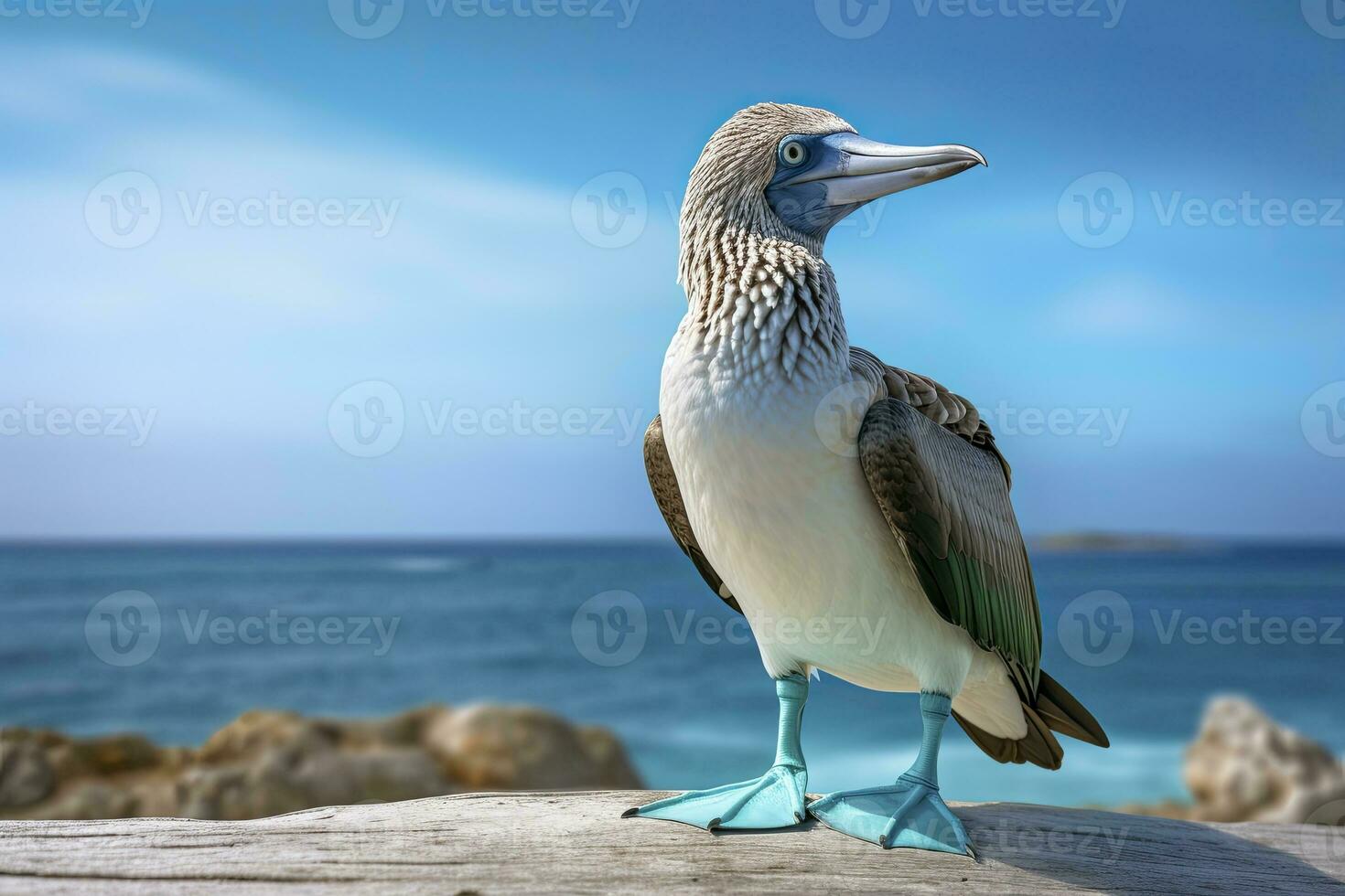 AI generated The rare blue-footed booby rests on the beach. AI Generated photo