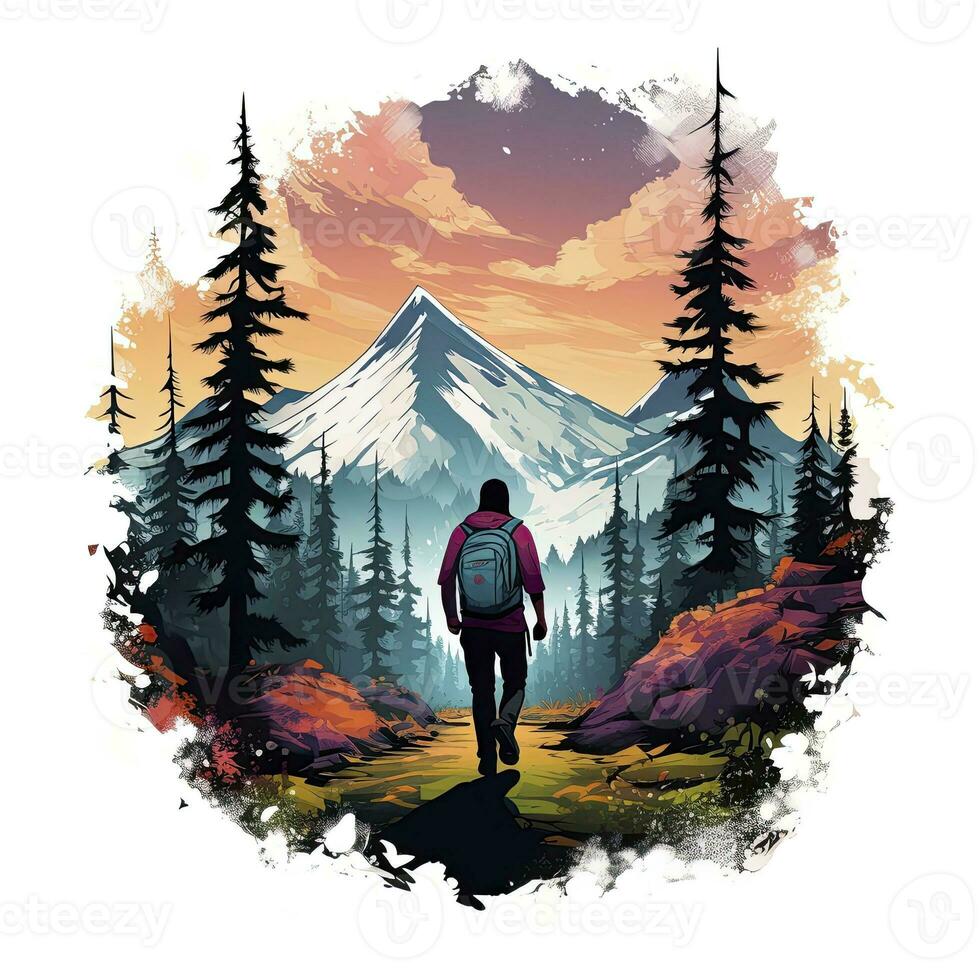 AI generated Vibrant colors wilderness hiking scene for t-shirt. AI Generated photo