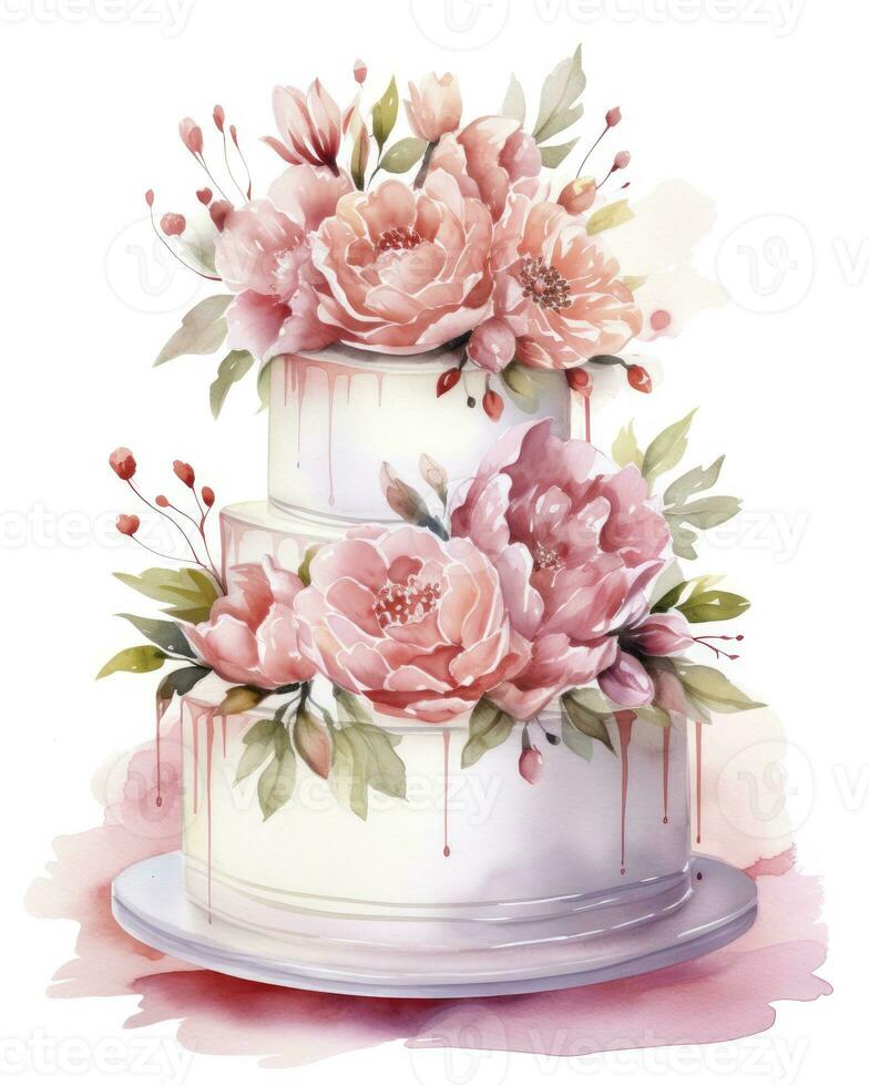 AI generated Watercolor wedding cake isolated on white background.  AI Generated photo