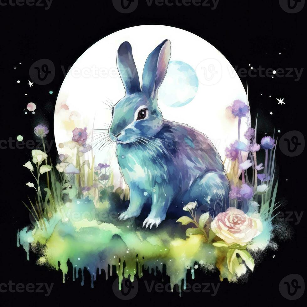 AI generated Watercolor Rabbit and Glowing Moon for T-shirt Design. AI Generated photo