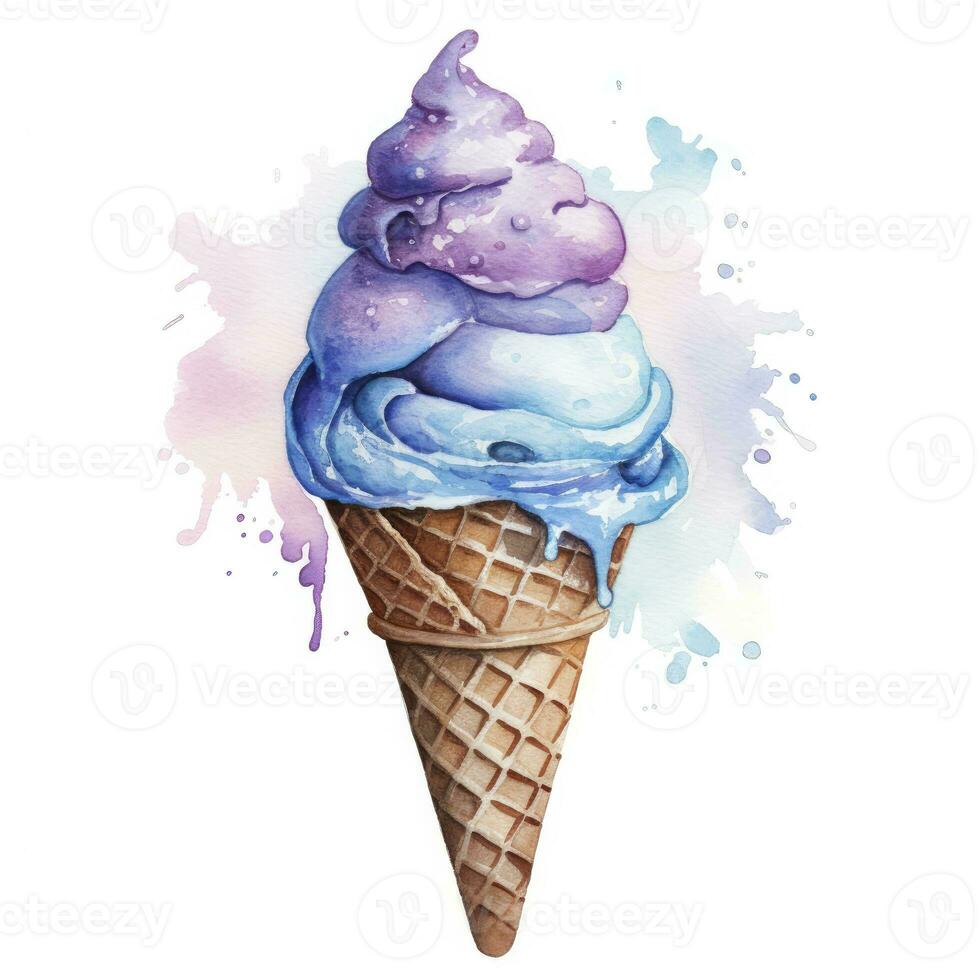 AI generated Watercolor ice cream in a waffle cone. AI Generated photo
