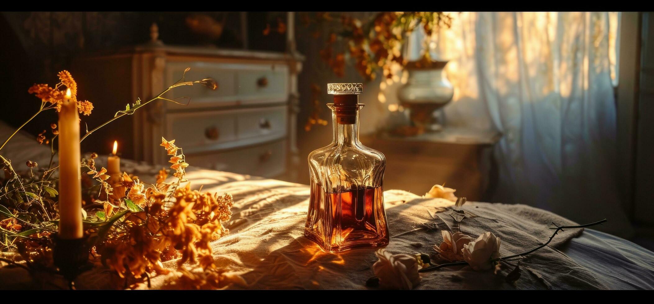 AI generated a bottle of decanter on a bed with flowers and a candle photo