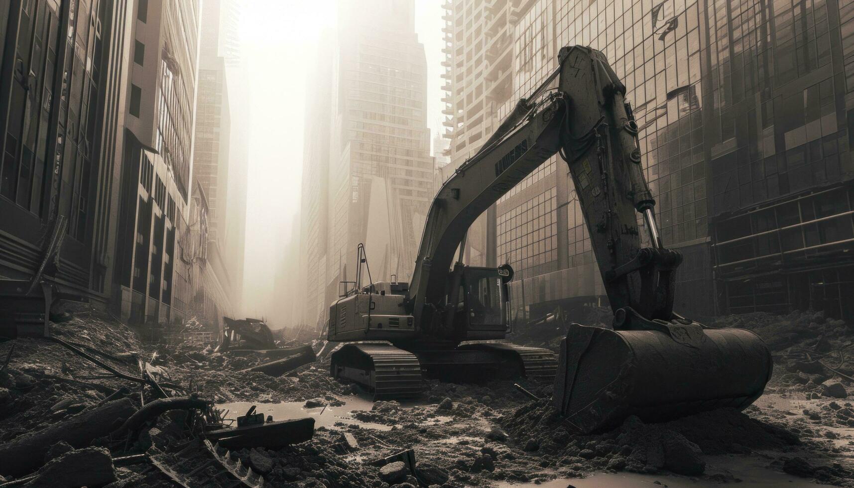 AI generated a city with a construction excavator at the front photo