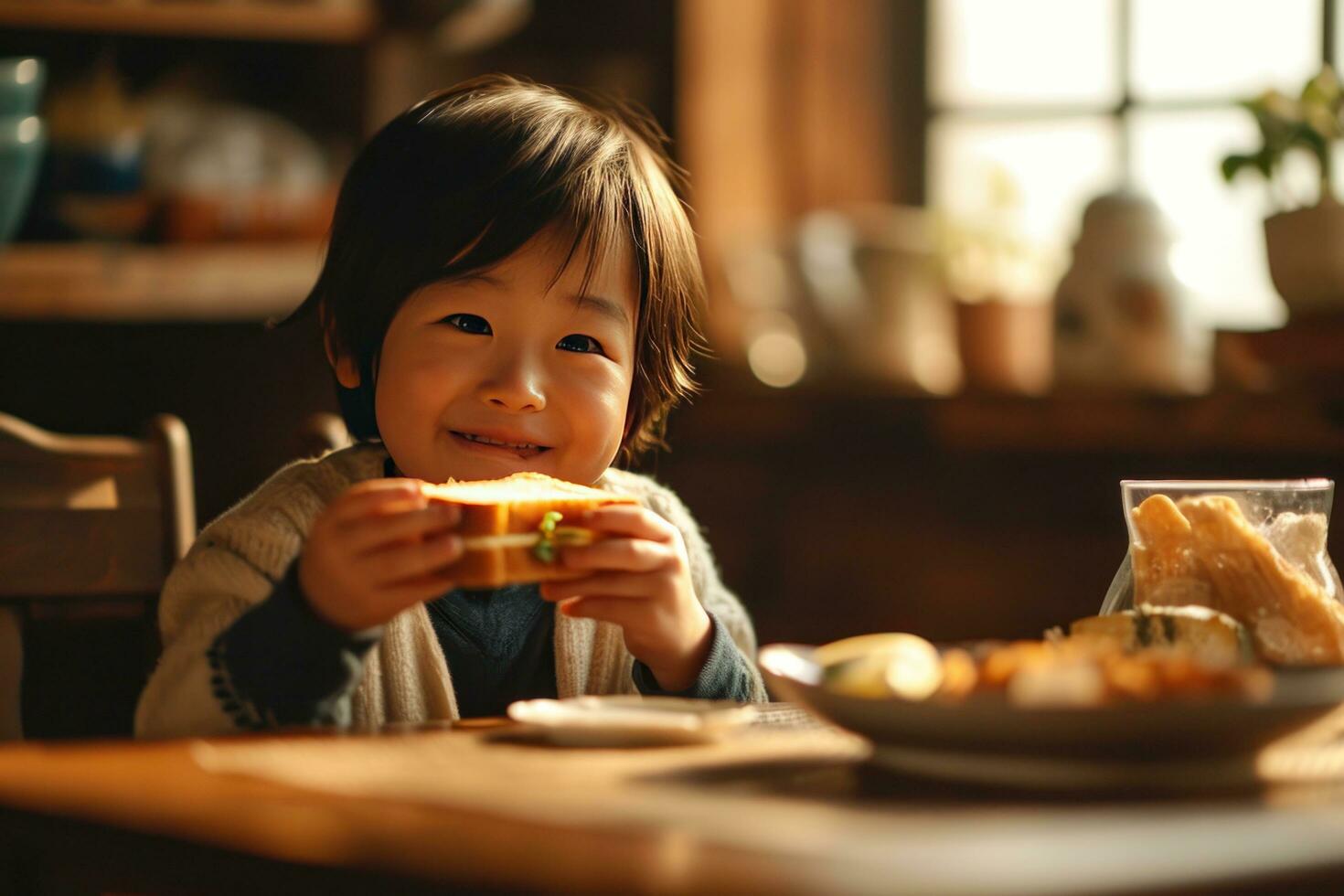 ai generado un joven niño sonriente mientras comiendo un brindis foto