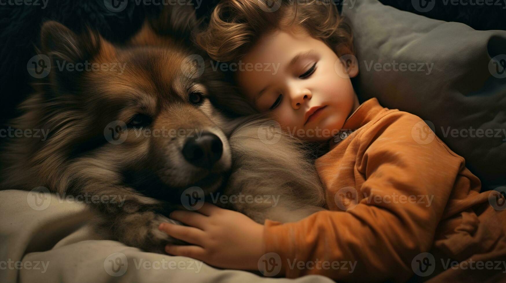 AI generated Generative AI, cute child and dog sleeping on cozy warm blanket in the bed, friendship concept, hygge style, muted aesthetic colors photo