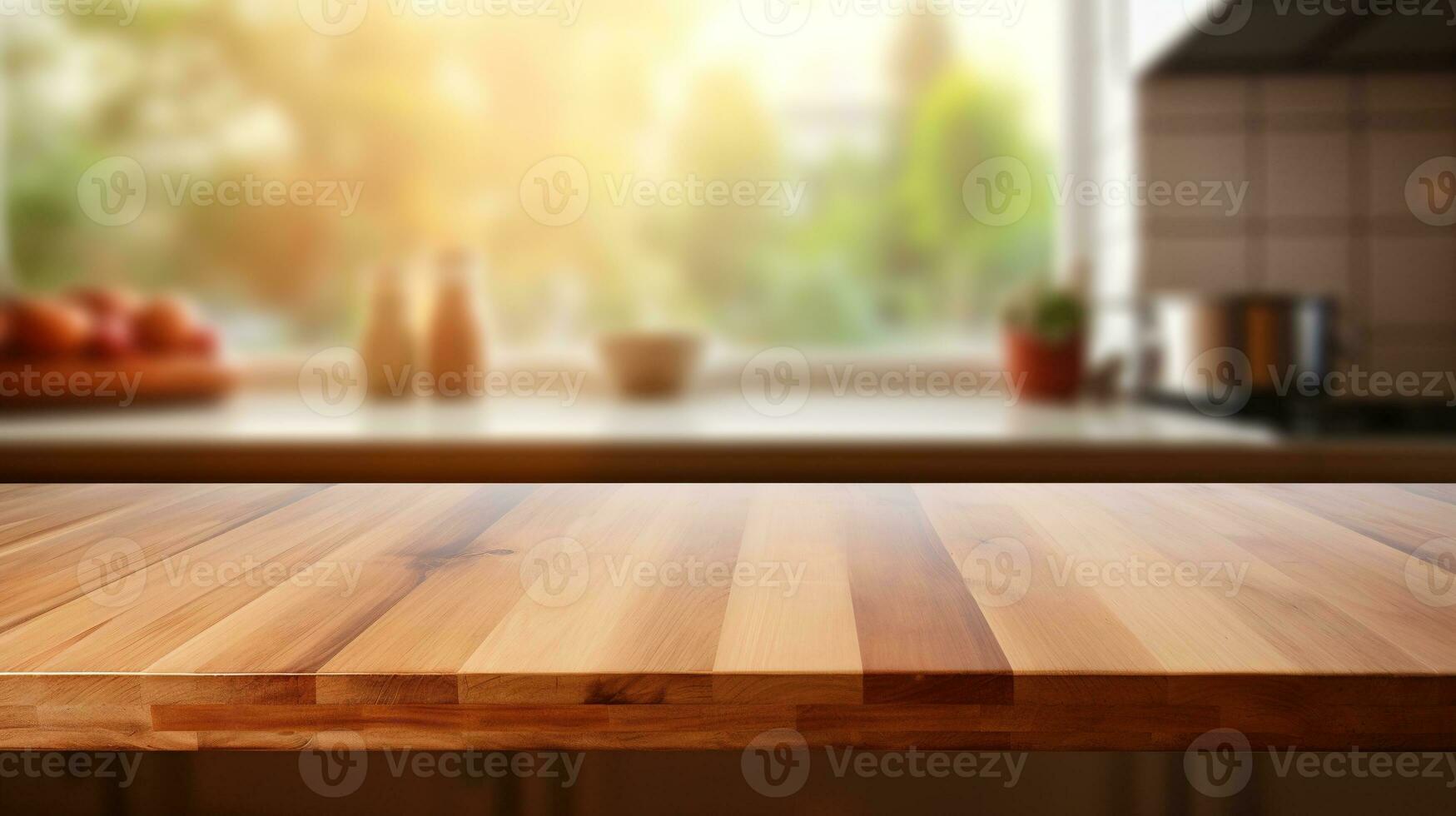 AI generated Generative AI, empty wooden tabletop on blurred modern kitchen background with copy space photo