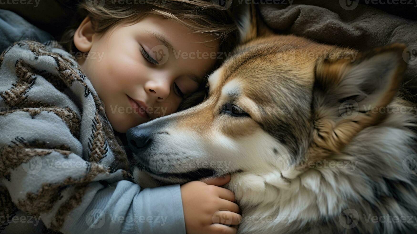 AI generated Generative AI, cute child and dog sleeping on cozy warm blanket in the bed, friendship concept, hygge style, muted aesthetic colors photo