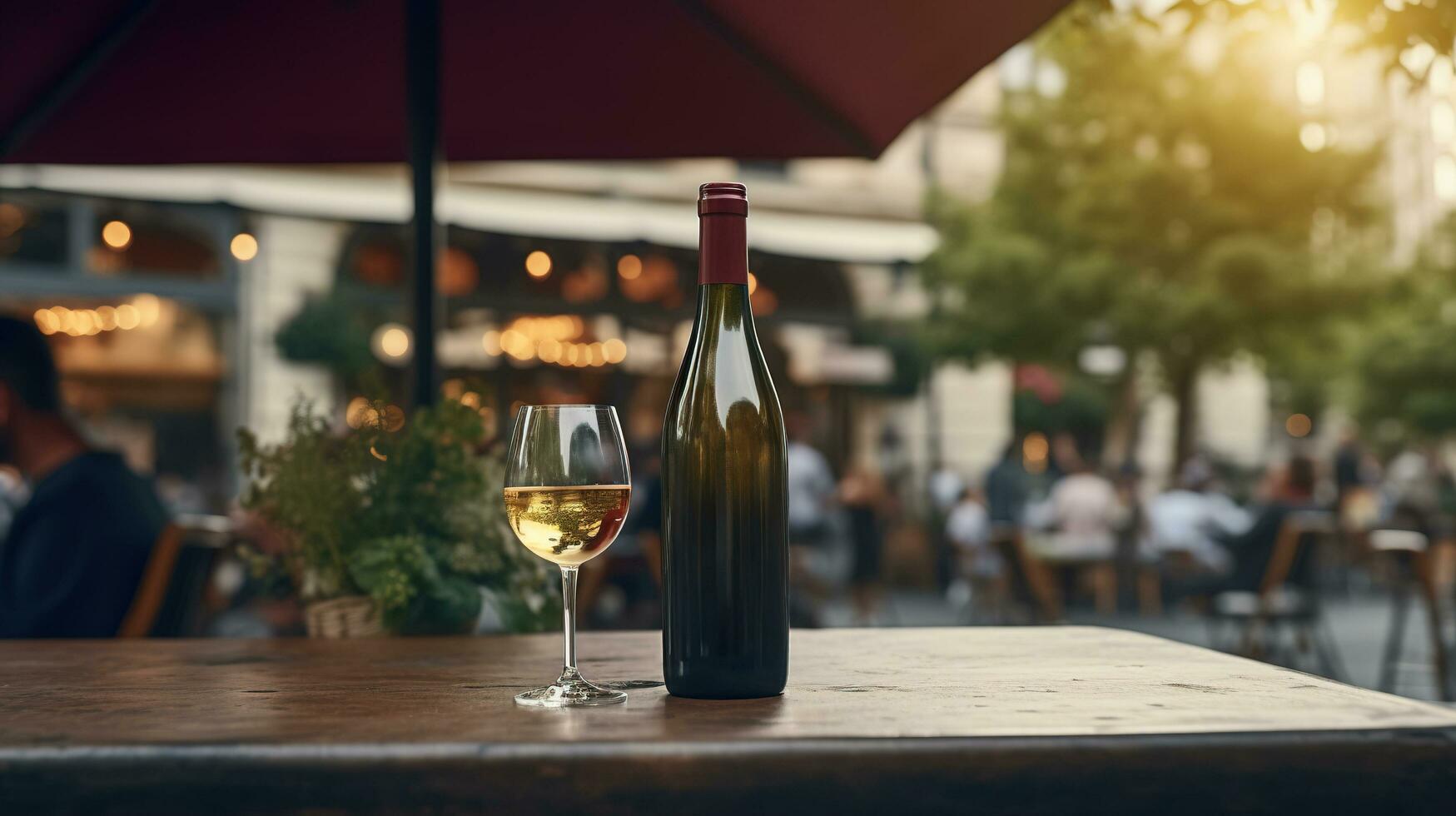 AI generated Generative AI, glass of wine and bottle on wooden table with blur background with lights of street bar, cafe, coffee shop or restaurant, wine mock up photo