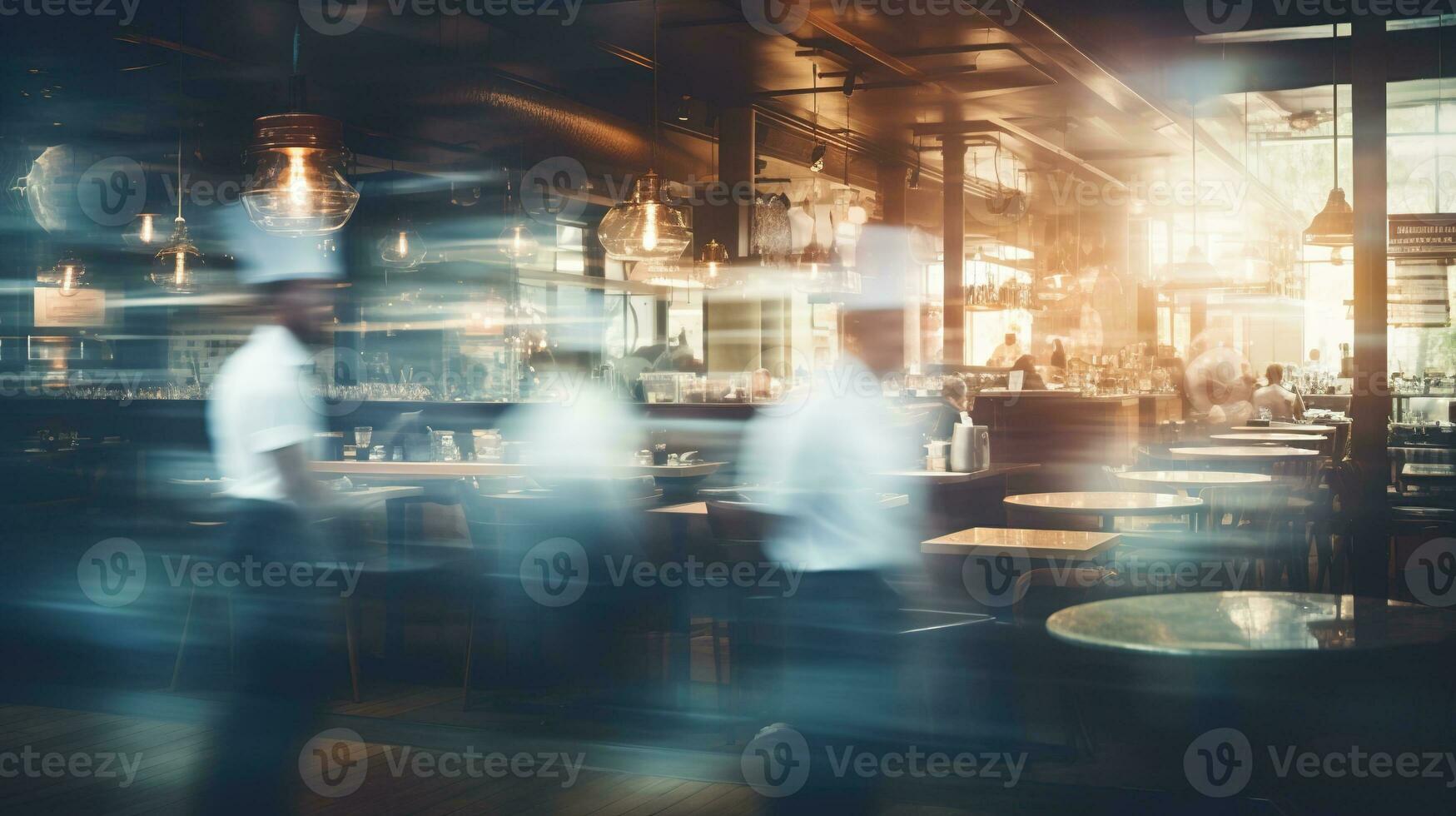 AI generated Generative AI, busy chefs working on the restaurant kitchen in motion blur, speed photo