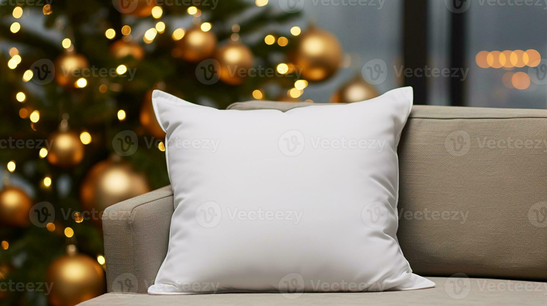 AI generated Generative AI, White pillow mockup on Christmas background with holiday decoration, copy space photo