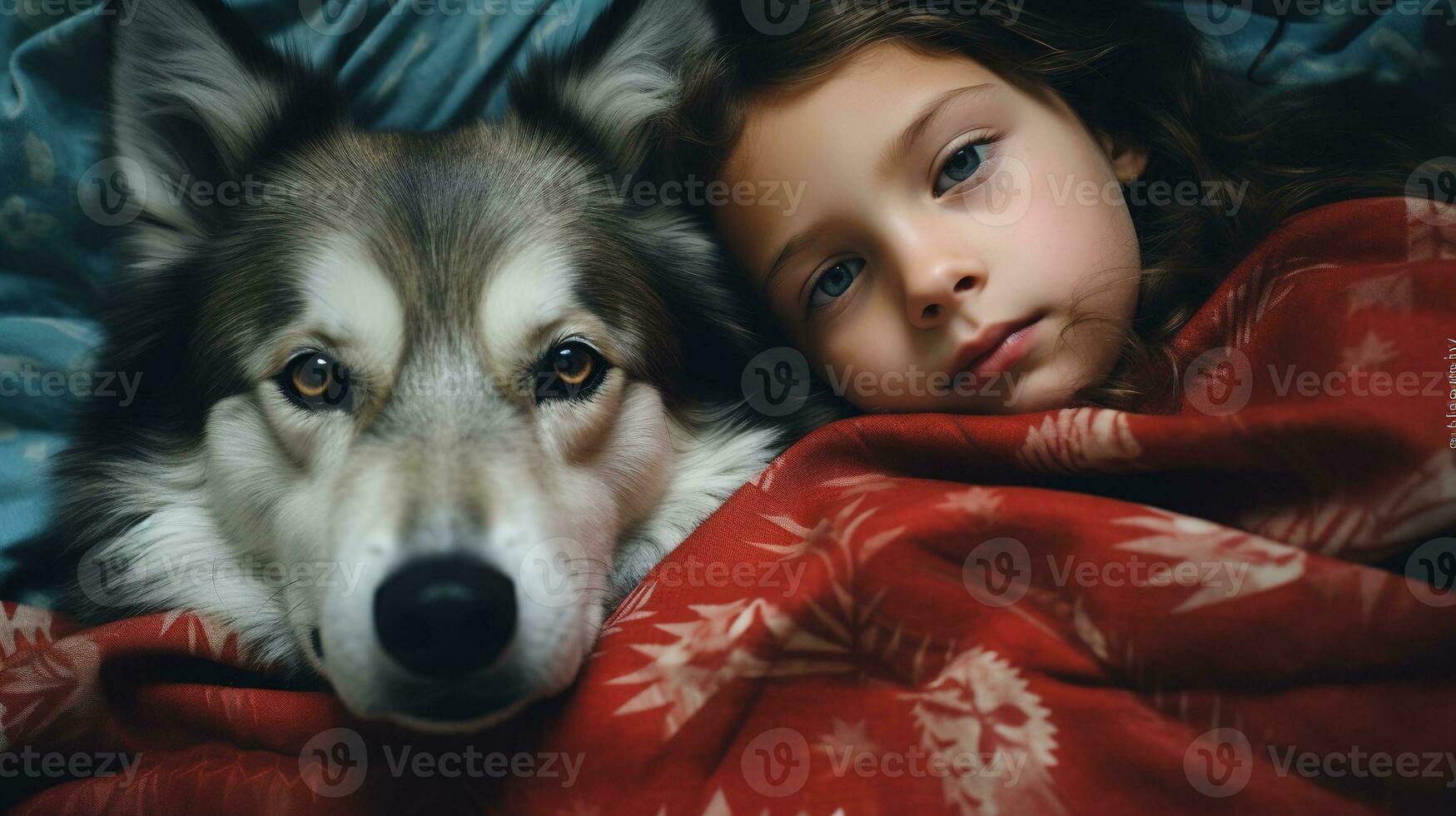 AI generated Generative AI, cute child and dog sleeping on cozy warm blanket in the bed, friendship concept, hygge style, muted aesthetic colors photo