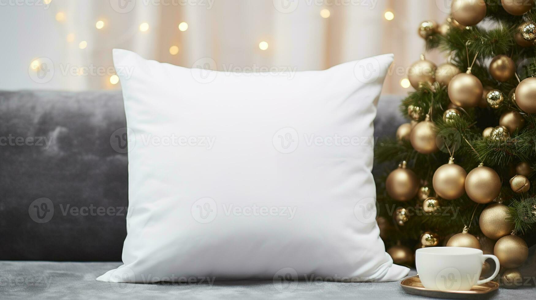 AI generated Generative AI, White pillow mockup on Christmas background with holiday decoration, copy space photo