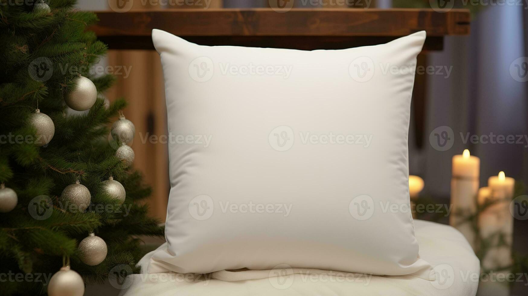 AI generated Generative AI, White pillow mockup on Christmas background with holiday decoration, copy space photo