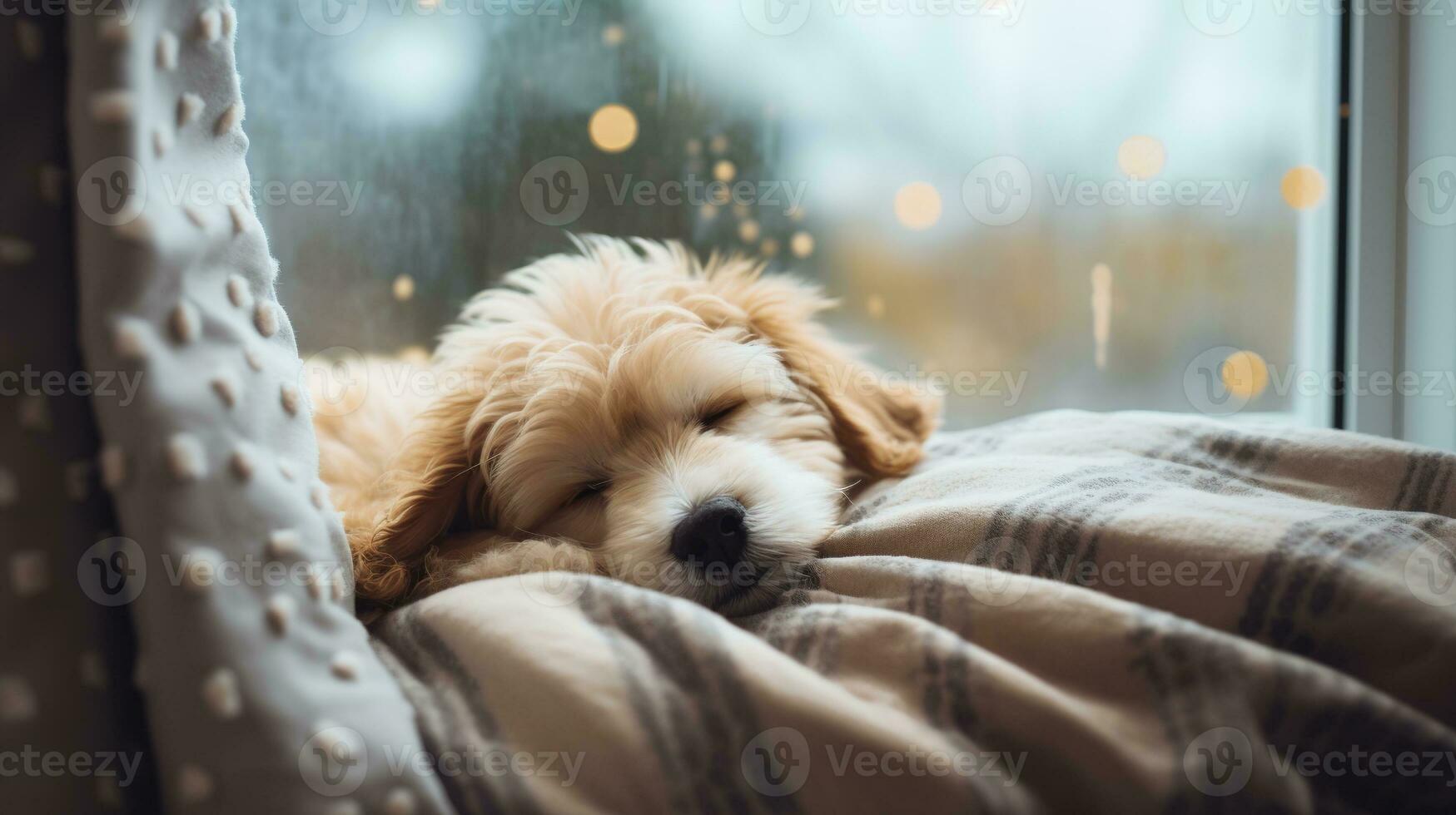AI generated Generative AI, cute dog sleeping on cozy warm blanket near the window, hygge style photo
