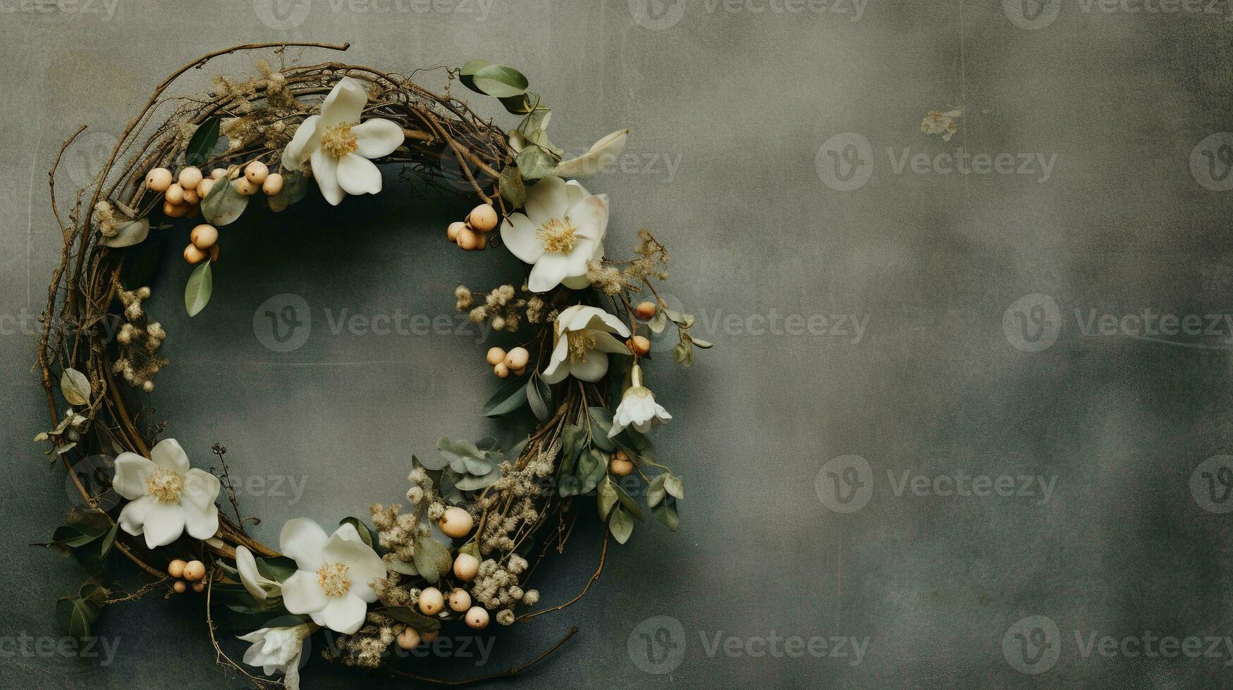 AI generated Generative AI, Close up Christmas wreath, dried branches, red berries, pine, balls and flowers on dark moody floral textured background. photo