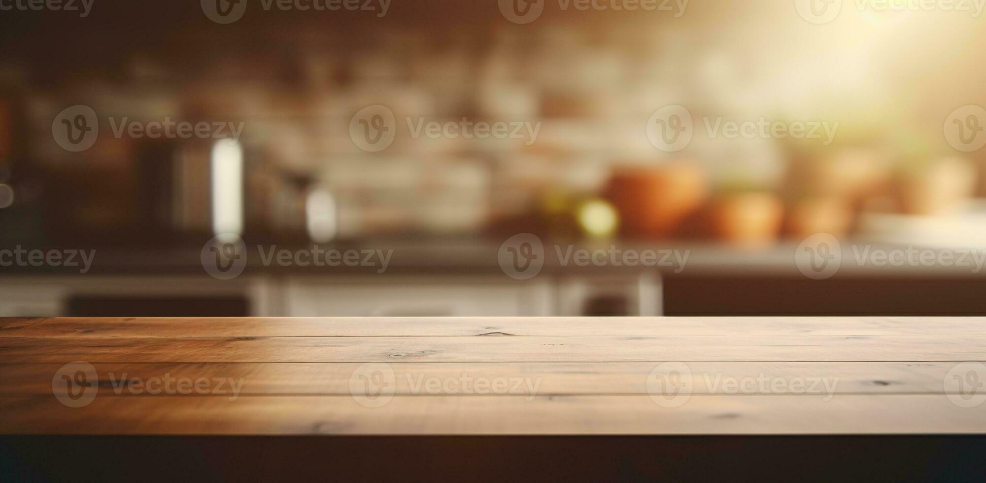 AI generated Generative AI, empty wooden tabletop on blurred modern kitchen background with copy space photo
