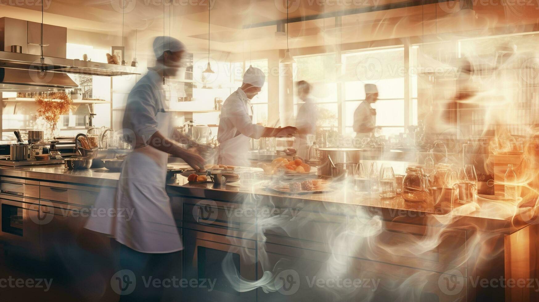 ai generado generativo ai, ocupado cocineros trabajando en el restaurante cocina en movimiento difuminar, velocidad foto