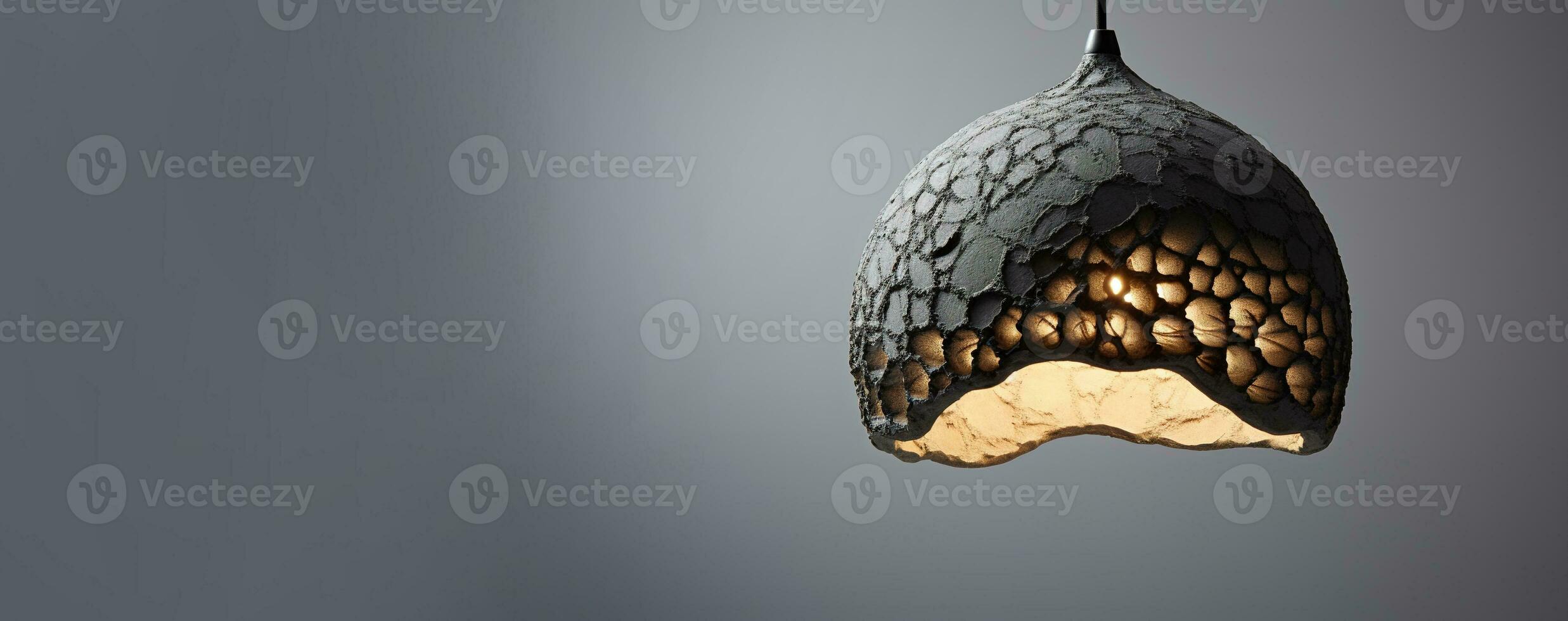 AI generated Generative AI, Grey sculpture hanging pendant lamp in wabi sabi organic natural style, interior element photo