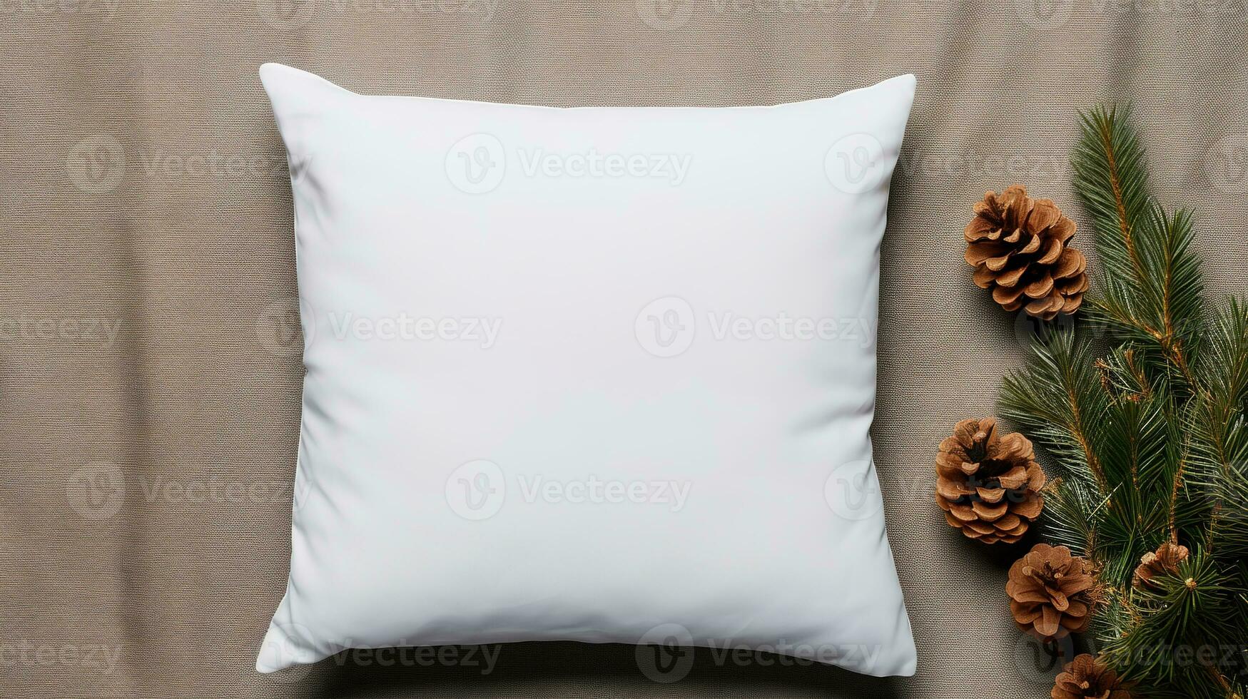 AI generated Generative AI, White pillow mockup on Christmas background with holiday decoration, copy space photo