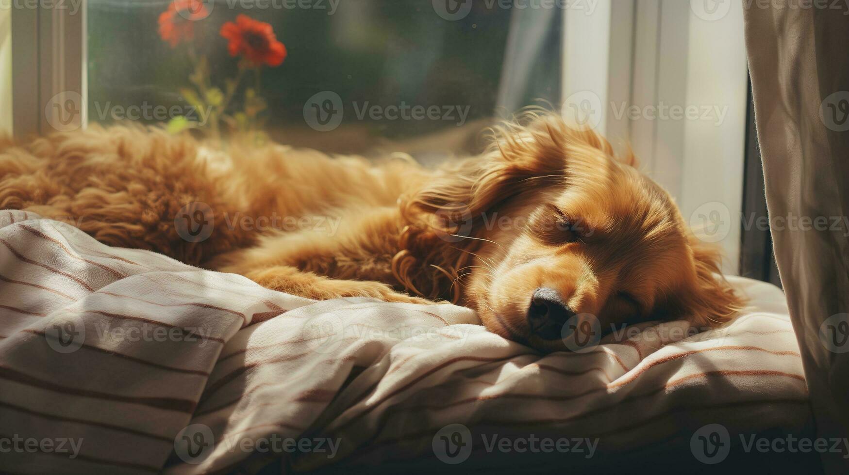 AI generated Generative AI, cute dog sleeping on cozy warm blanket near the window, hygge style photo