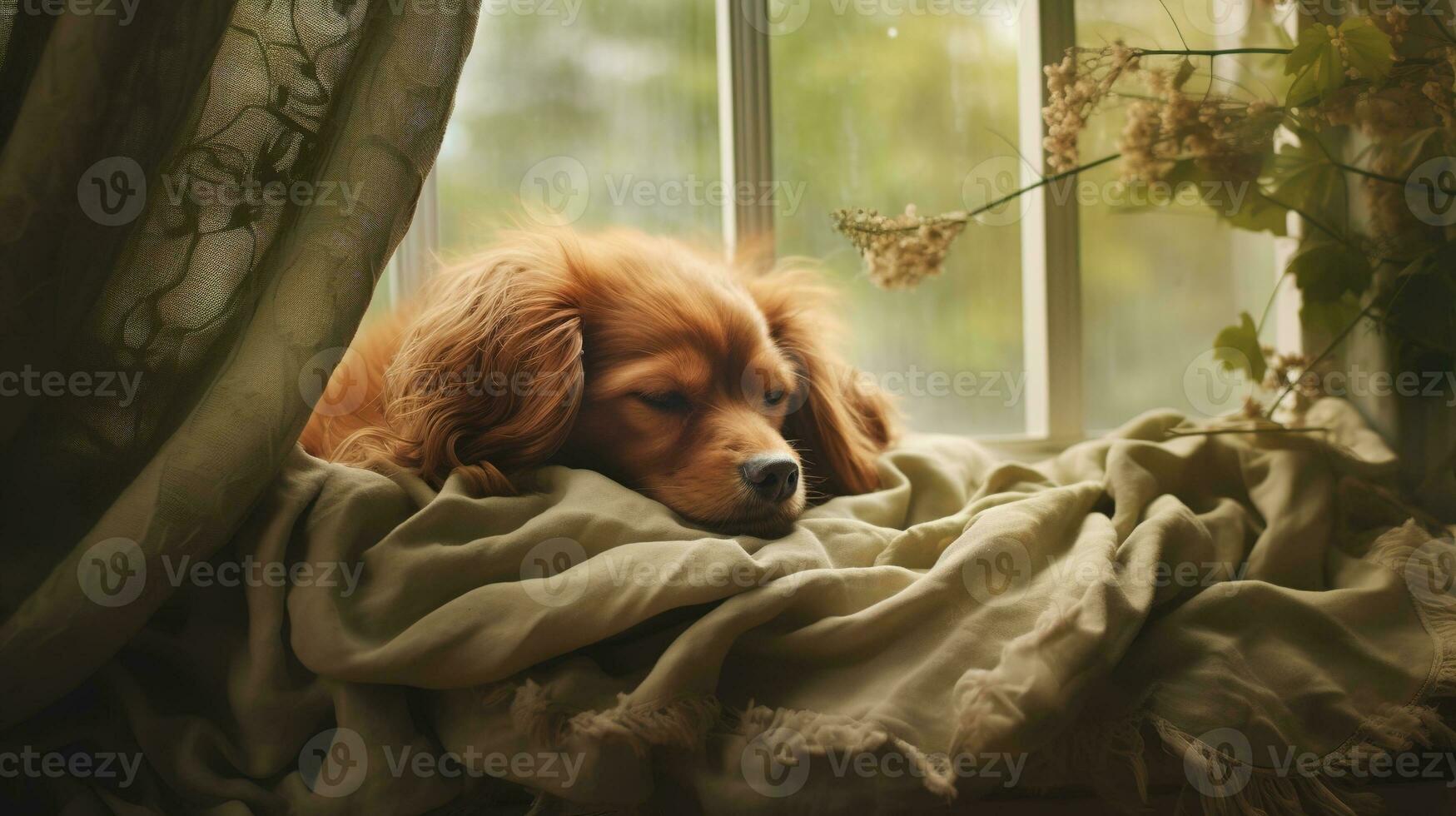 AI generated Generative AI, cute dog sleeping on cozy warm blanket near the window, hygge style photo