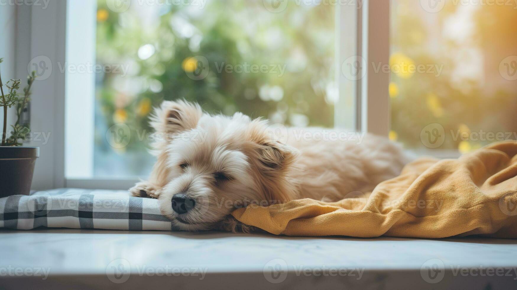 AI generated Generative AI, cute dog sleeping on cozy warm blanket near the window, hygge style photo