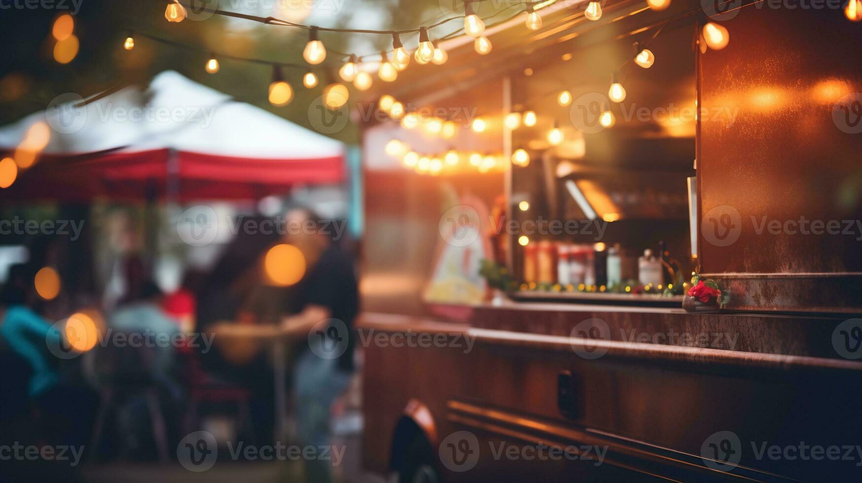 AI generated Generative AI, Food truck street festival, blurred lights background, atmospheric bokeh, muted colors photo