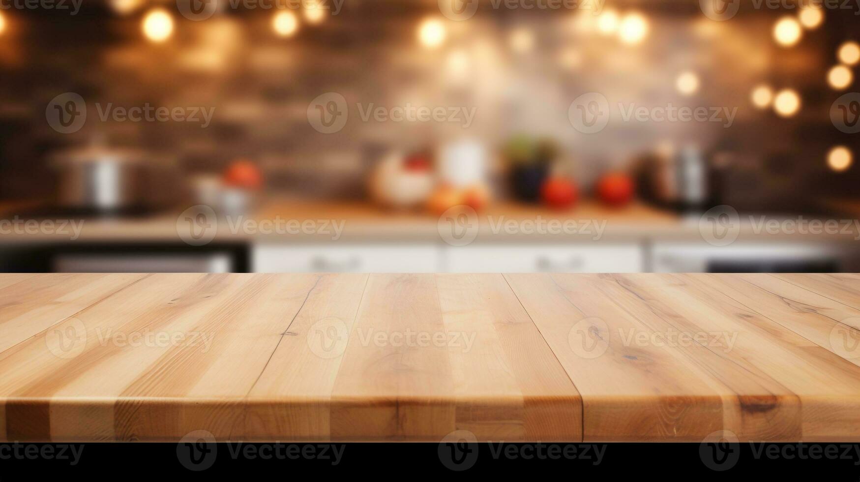 AI generated Generative AI, empty wooden tabletop on blurred modern kitchen background with copy space photo