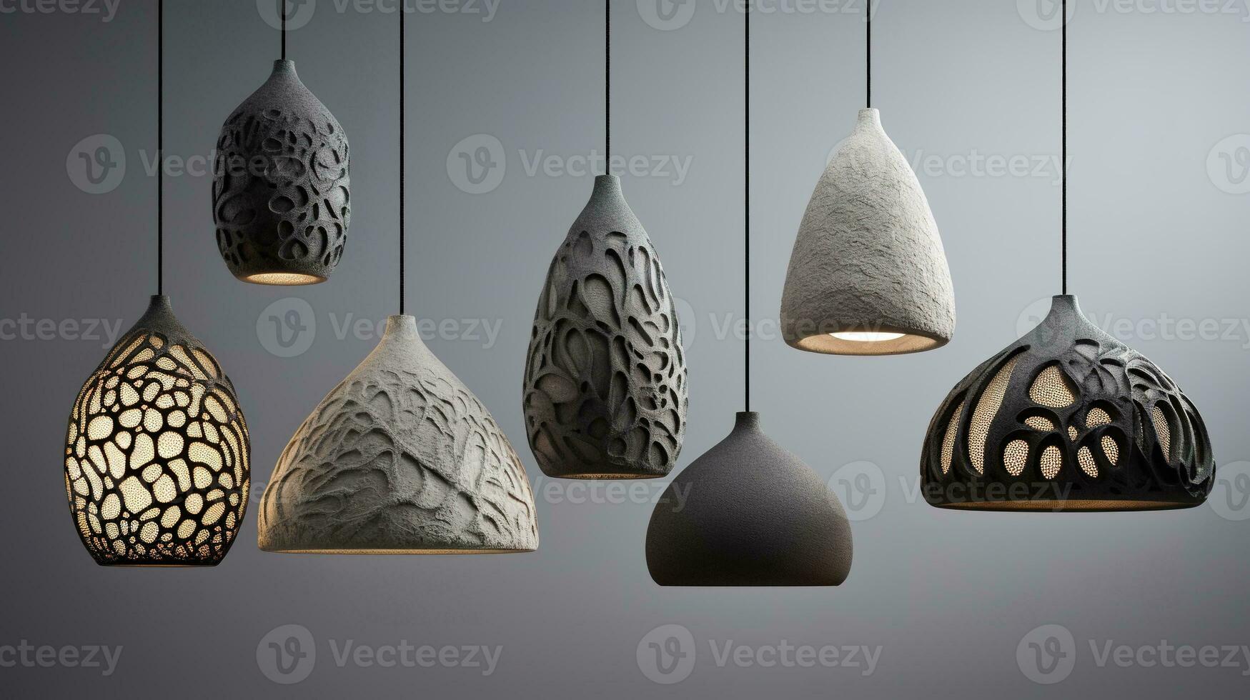 AI generated Generative AI, Grey sculpture hanging pendant lamp in wabi sabi organic natural style, interior element photo