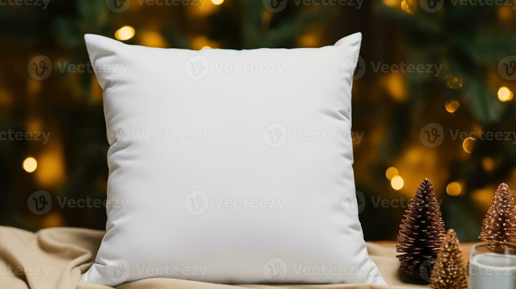 AI generated Generative AI, White pillow mockup on Christmas background with holiday decoration, copy space photo