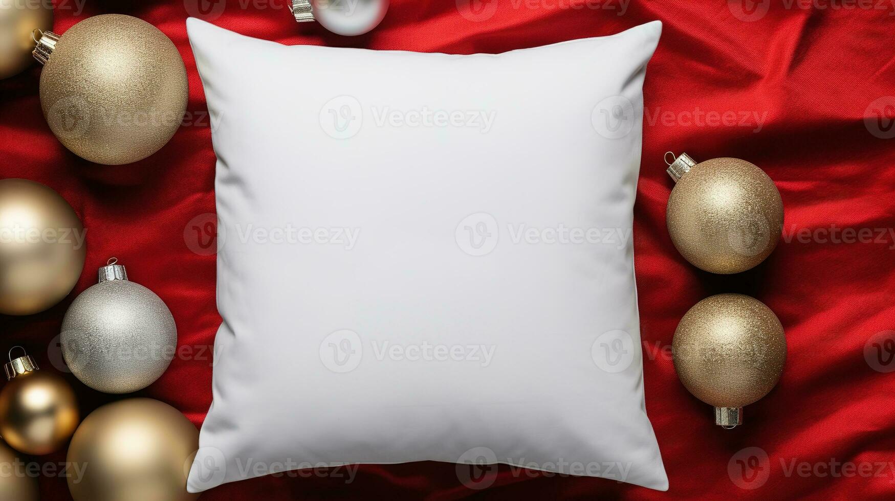AI generated Generative AI, White pillow mockup on Christmas background with holiday decoration, copy space photo