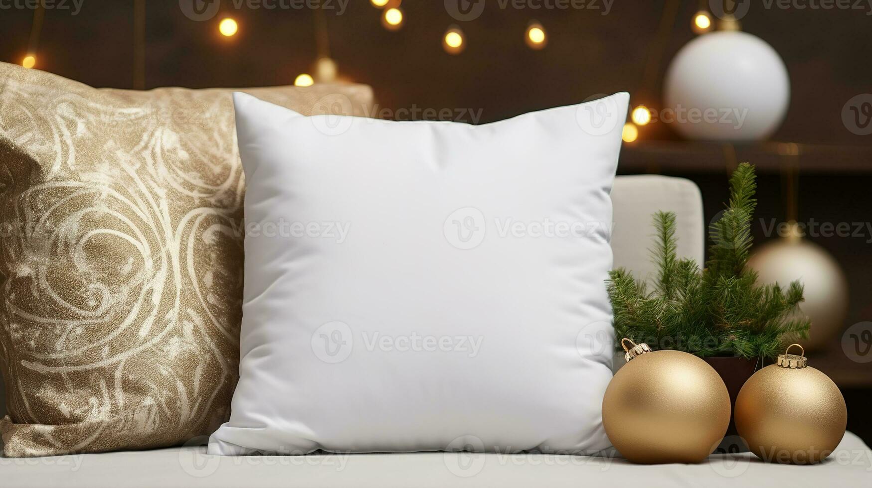 AI generated Generative AI, White pillow mockup on Christmas background with holiday decoration, copy space photo