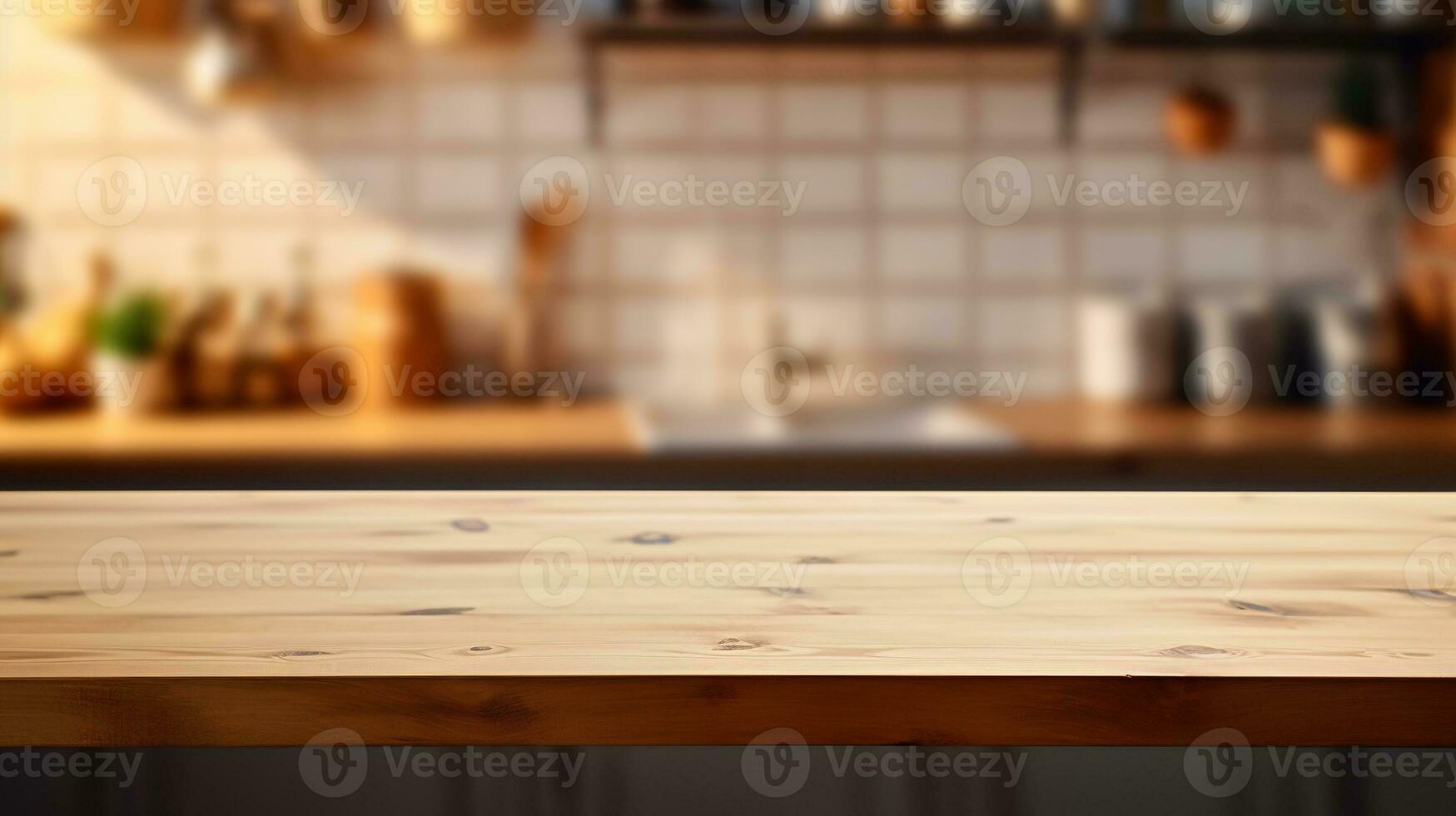 AI generated Generative AI, empty wooden tabletop on blurred modern kitchen background with copy space photo
