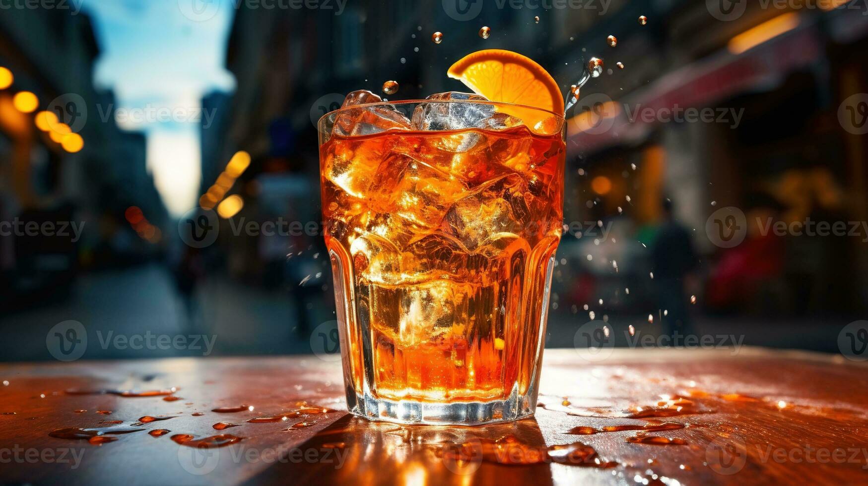 AI generated Generative AI, glass of Aperol Spritz on wooden table with blur background with lights of street bar, cafe or restaurant photo