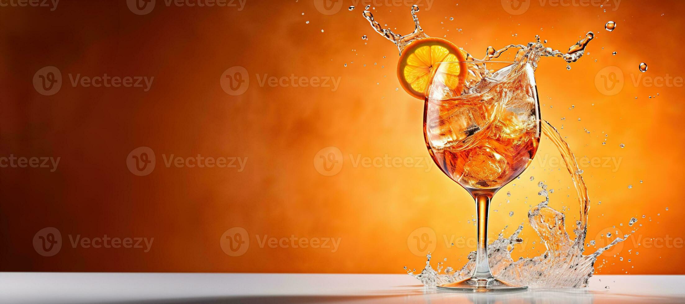AI generated Generative AI, glass of Aperol Spritz on neutral background with splashes, copy space for advertising photo