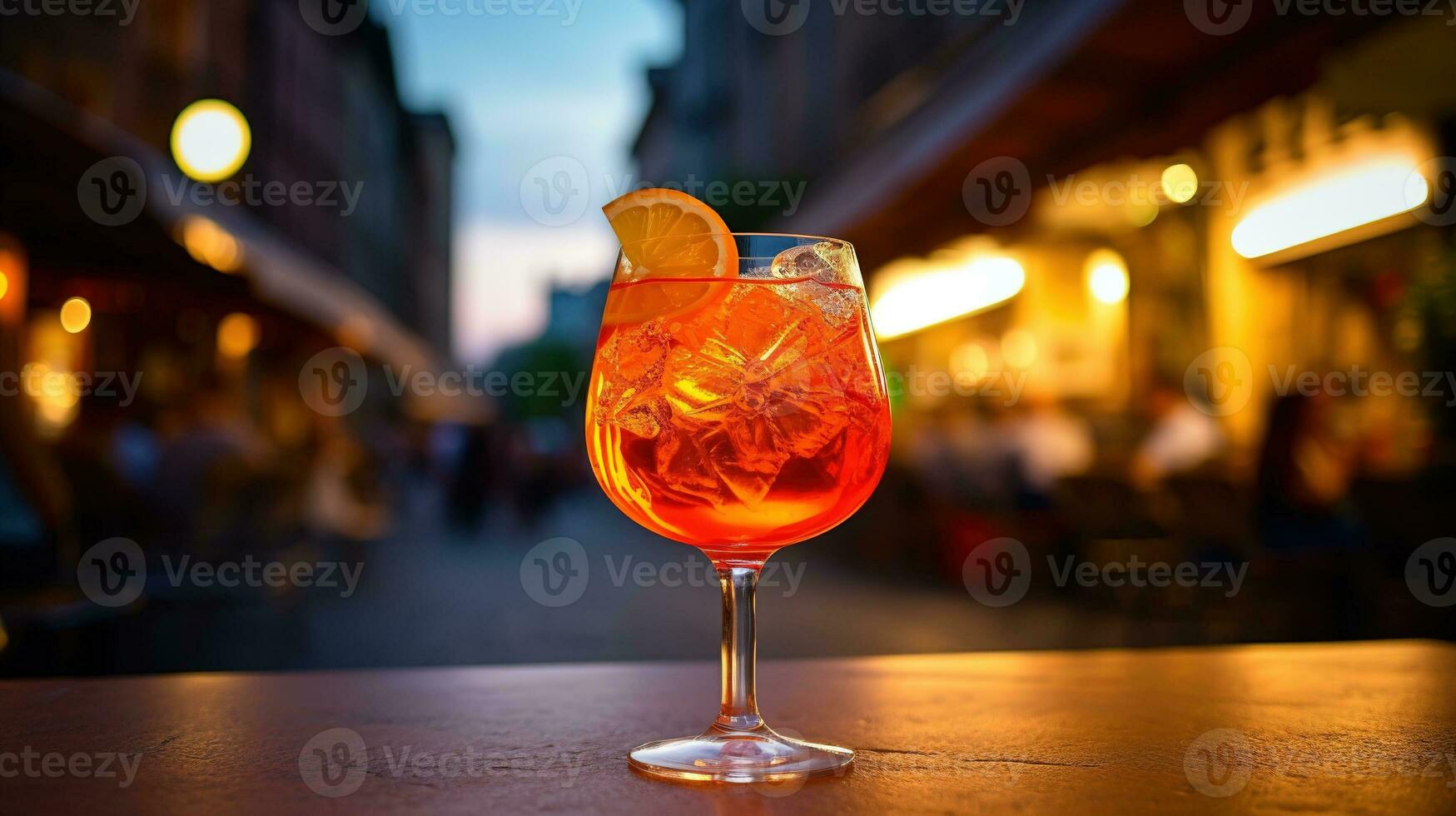 AI generated Generative AI, glass of Aperol Spritz on wooden table with blur background with lights of street bar, cafe or restaurant photo