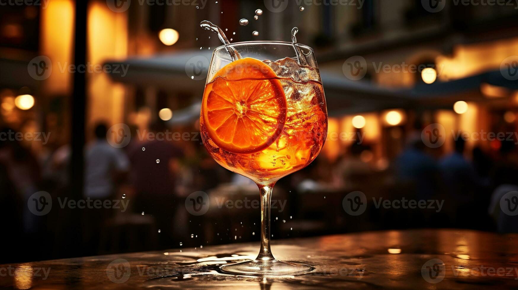 AI generated Generative AI, glass of Aperol Spritz on wooden table with blur background with lights of street bar, cafe or restaurant photo