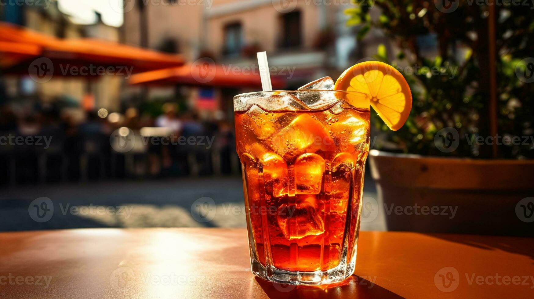 AI generated Generative AI, glass of Aperol Spritz on wooden table with blur background with lights of street bar, cafe or restaurant photo