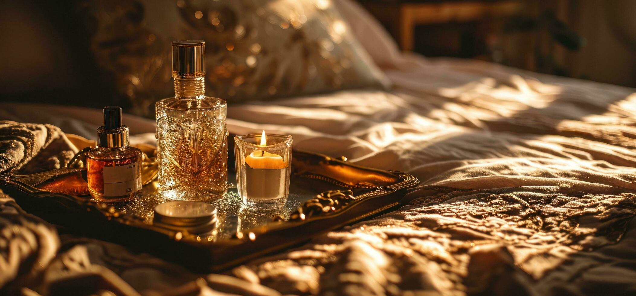 AI generated a tray of candle and perfume on the top of a bed photo