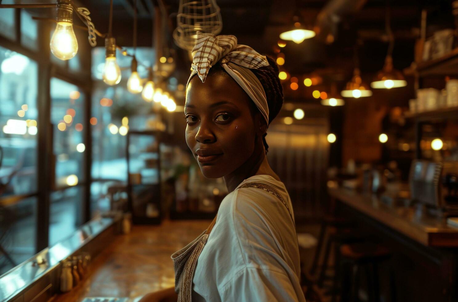 AI generated an elegant african women chef wears white uniform in restaurant photo