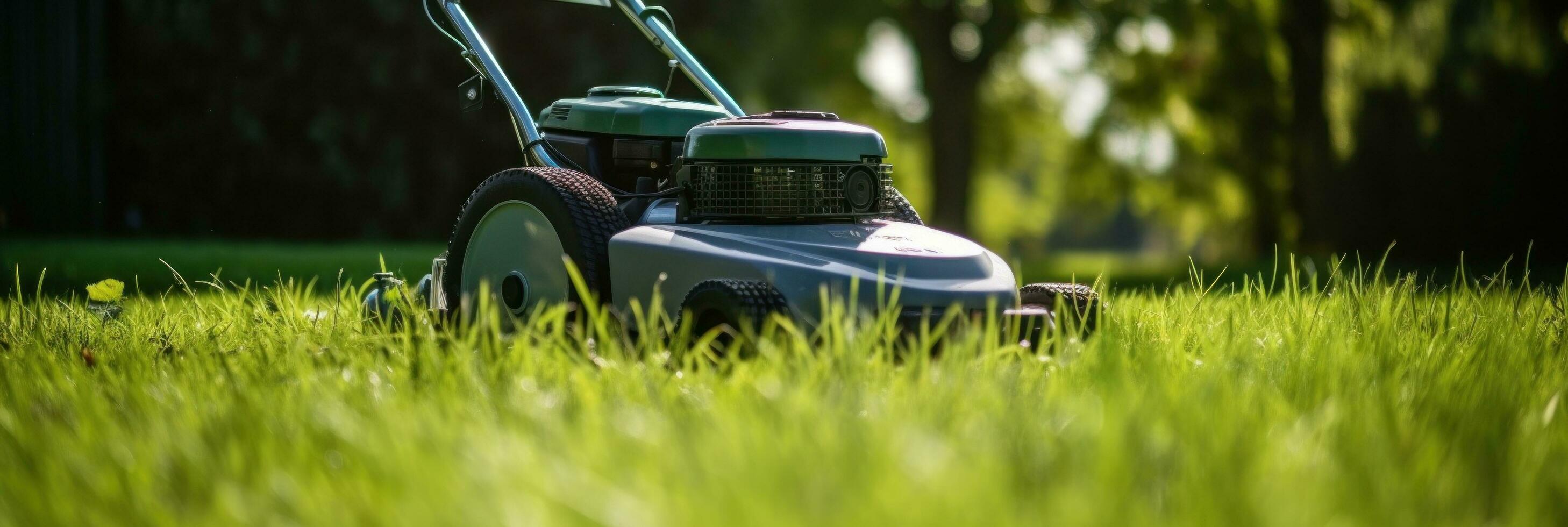 AI generated lawn mower on a green lawn with sunlight in the background photo