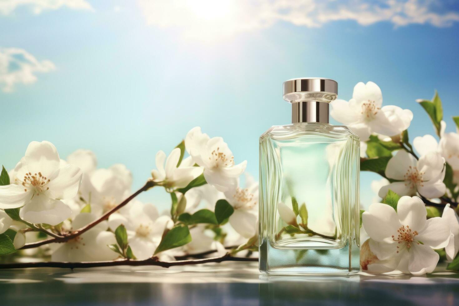 AI generated an unbranded eau de jasmine bottle with white flowers in the background photo