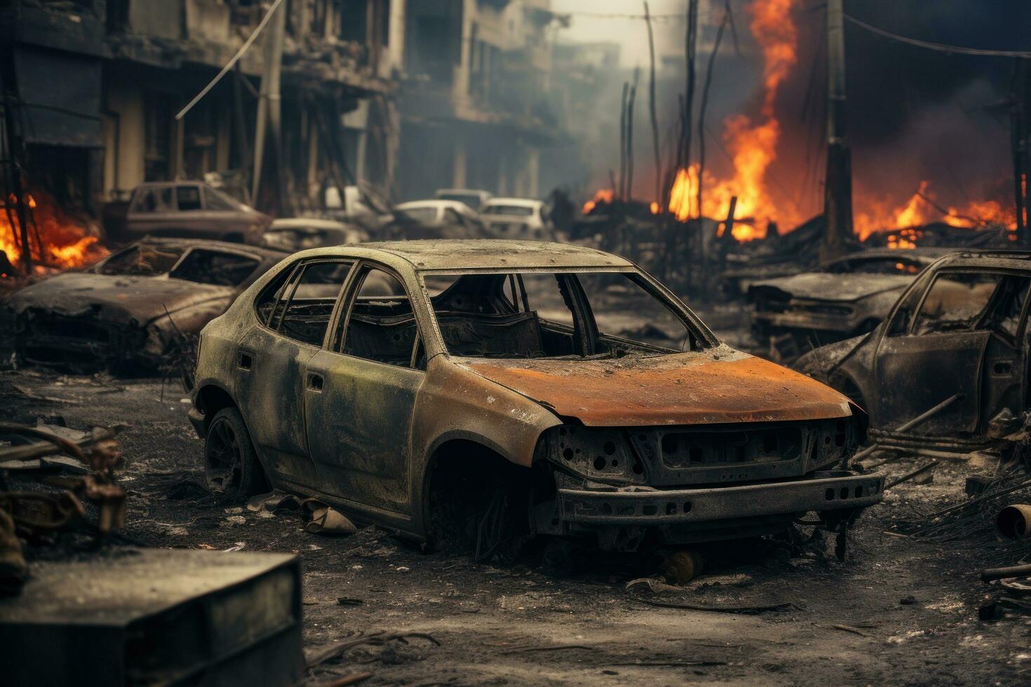 ai generado un lote de quemado carros en el calles foto